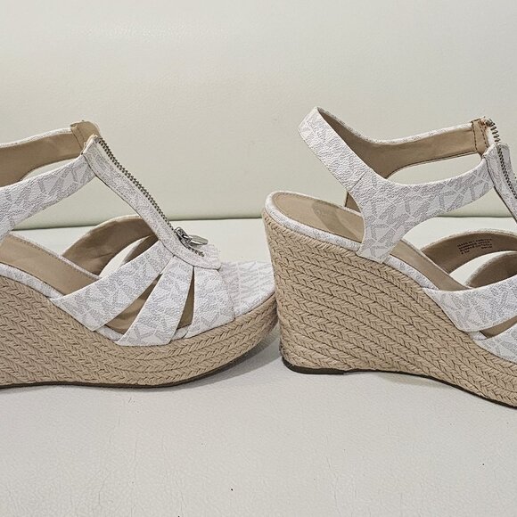 Authentic Michael Kors White Monogram Espadrille Wedge Sandals – Size 8.5 - Picture 2 of 16